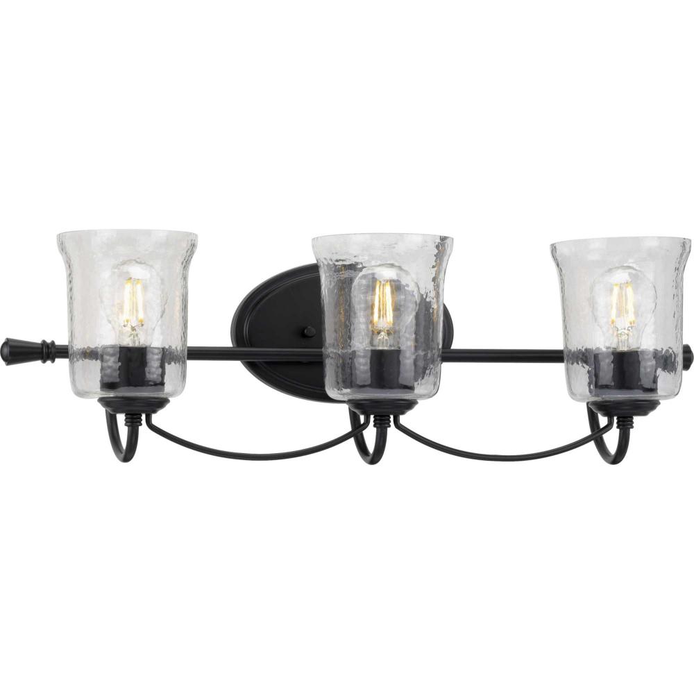 Bowman Collection Three-Light Matte Black Clear Chiseled Glass Coastal Bath Vanity Light